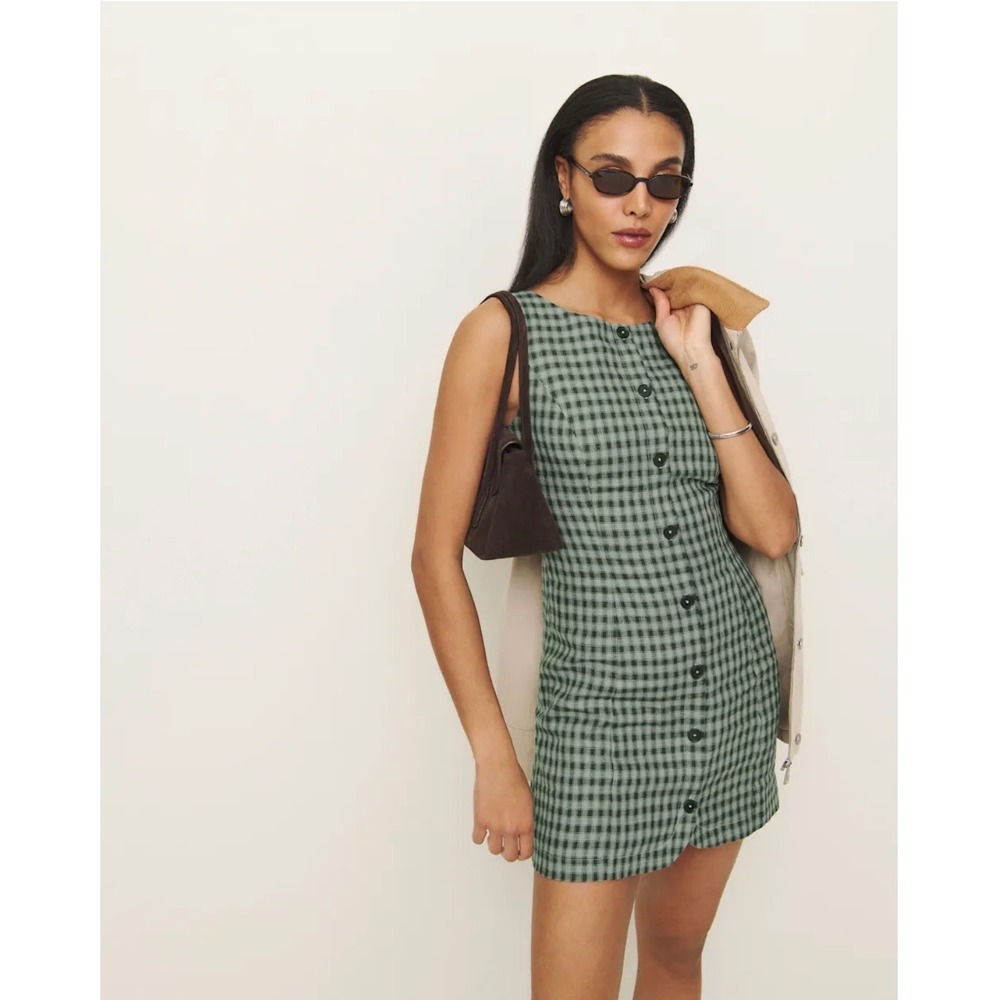 Reformation Zarae Green Gingham Linen Mini Dress Button Front Sleeveless Size 6